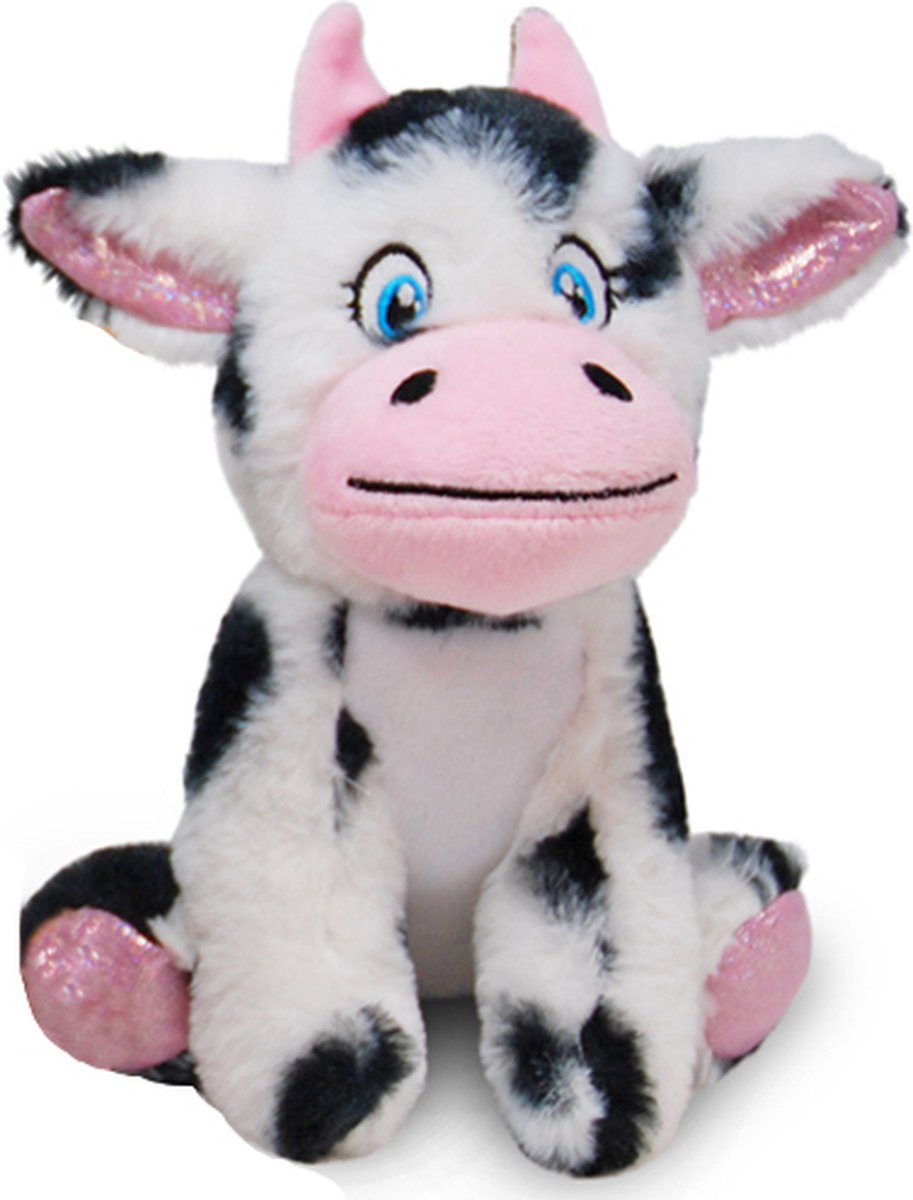 Lieve Zachte Koe met zwarte stippen met Roze Glitters Pluche Knuffel 22 cm [Knuffeldier Boerderij Dieren Knuffelbeest speelgoed voor kinderen jongens meisjes | Dog Puppy Puppie Hond Donkey Ezel Cow Koe Stier Bull Plush Toy]